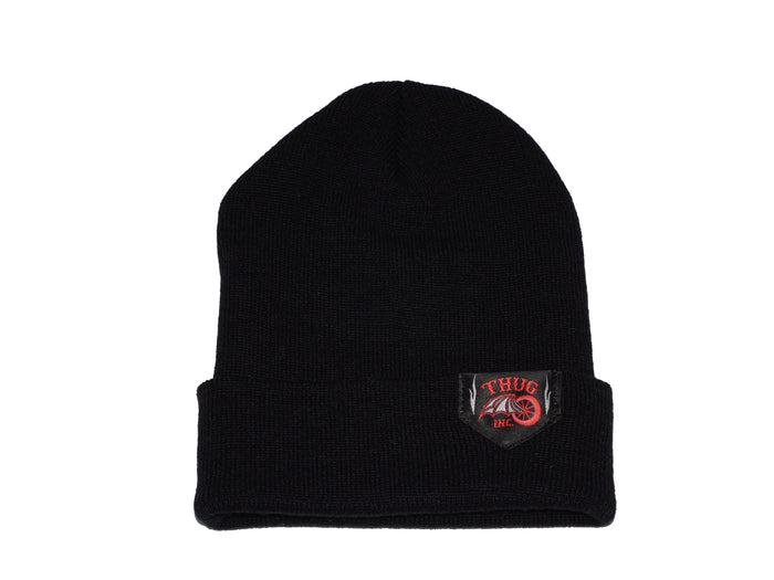Black beanie with woven logo label